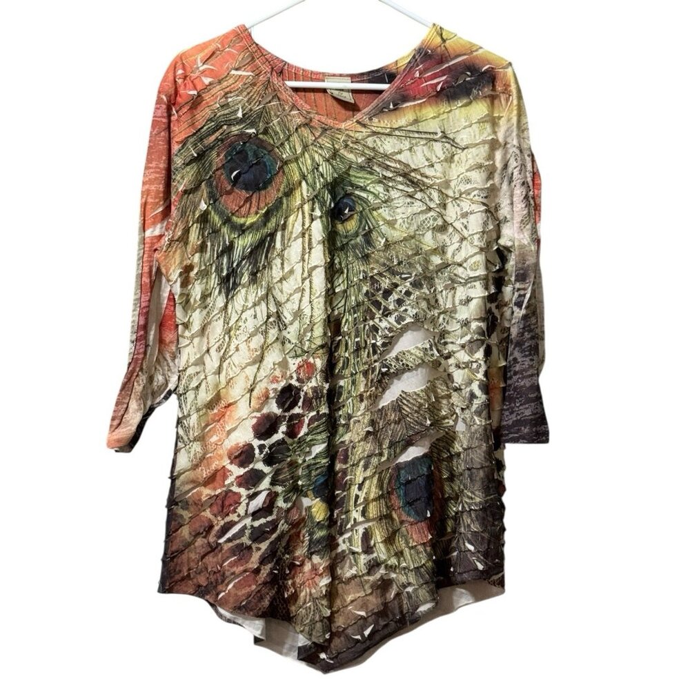 Jess & Jane Womens Tunic Top Size XL Pleated Asymmetrical Hem 3/4 Sleeve Peacock